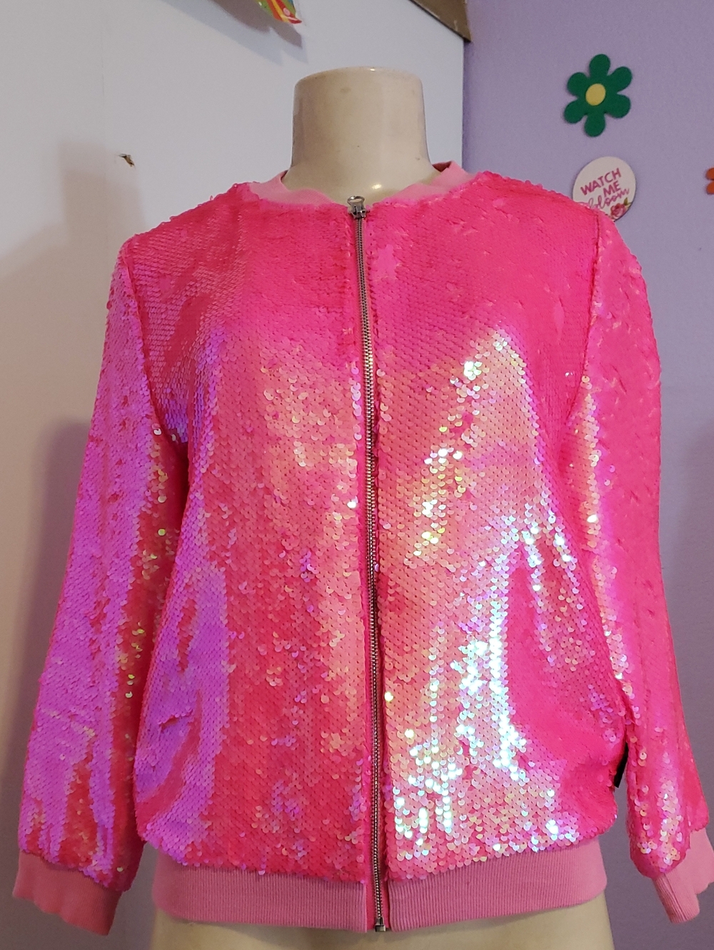 Girls' Pink Sequin Bomber Jacket - Sparkle Front Zip